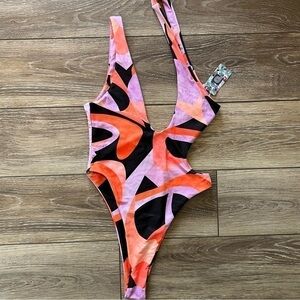 One Shoulder Monokini Swimsuit Colorblock